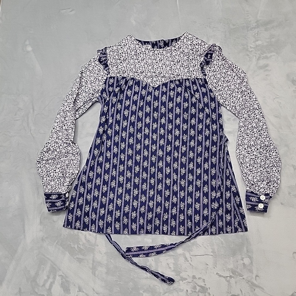 VTG Plain Jane Shirt Womens L Blue Floral Peplum Prairie Ruffle Tie Back Blouse